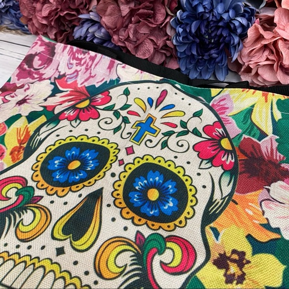 Eco-Friendly Colorful Sugar Skull Folding Tote Bag - Picture 6 of 14